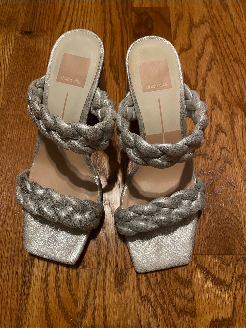 Dolce Vita Metallic Silver Braided Double-Strap Heeled Sandals